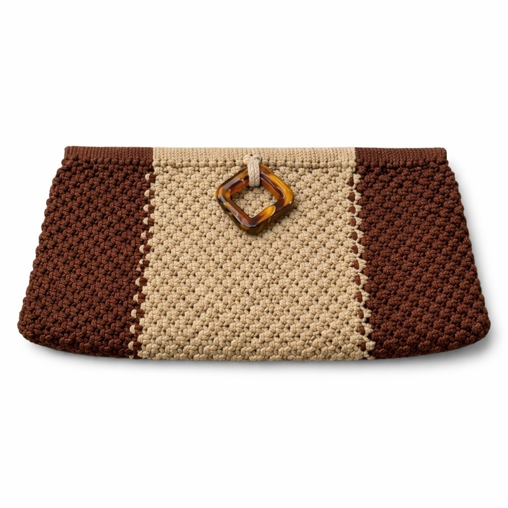 Crochet Clutch Purse Brown Tan Tortoiseshell Buckle Boho Retro Vtg Handbag - Picture 2 of 8
